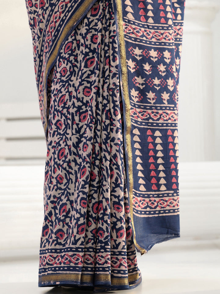 Beige Floral Printed Cotton Saree