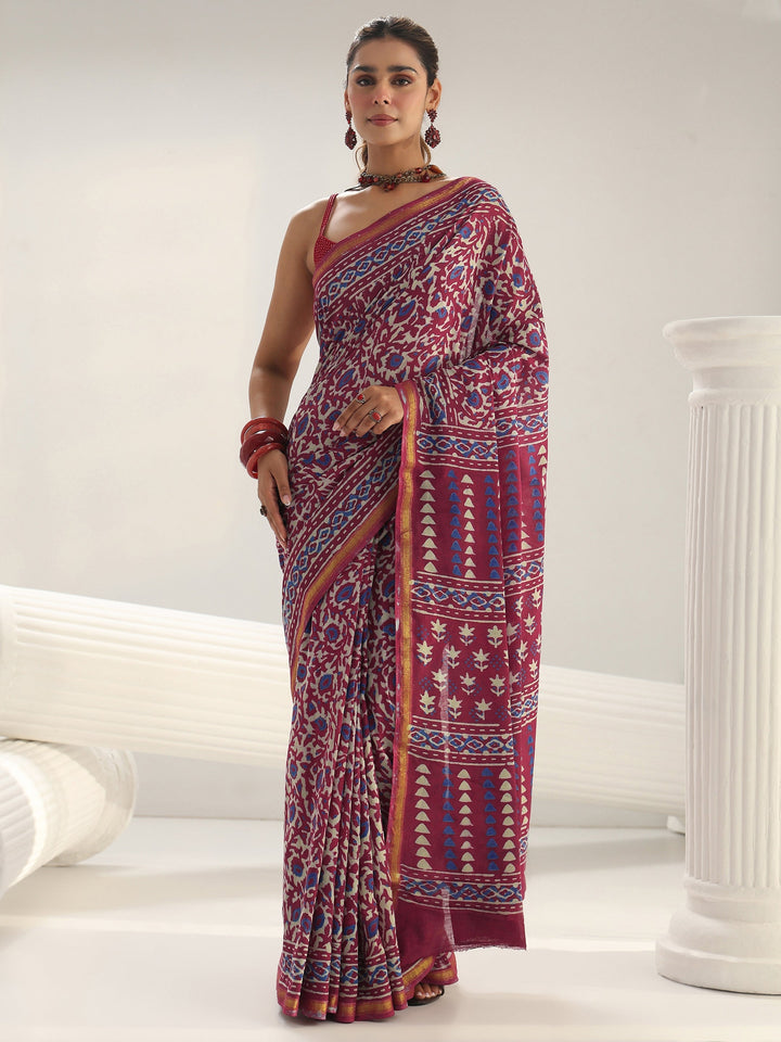 Pink Bagru Print Cotton Saree