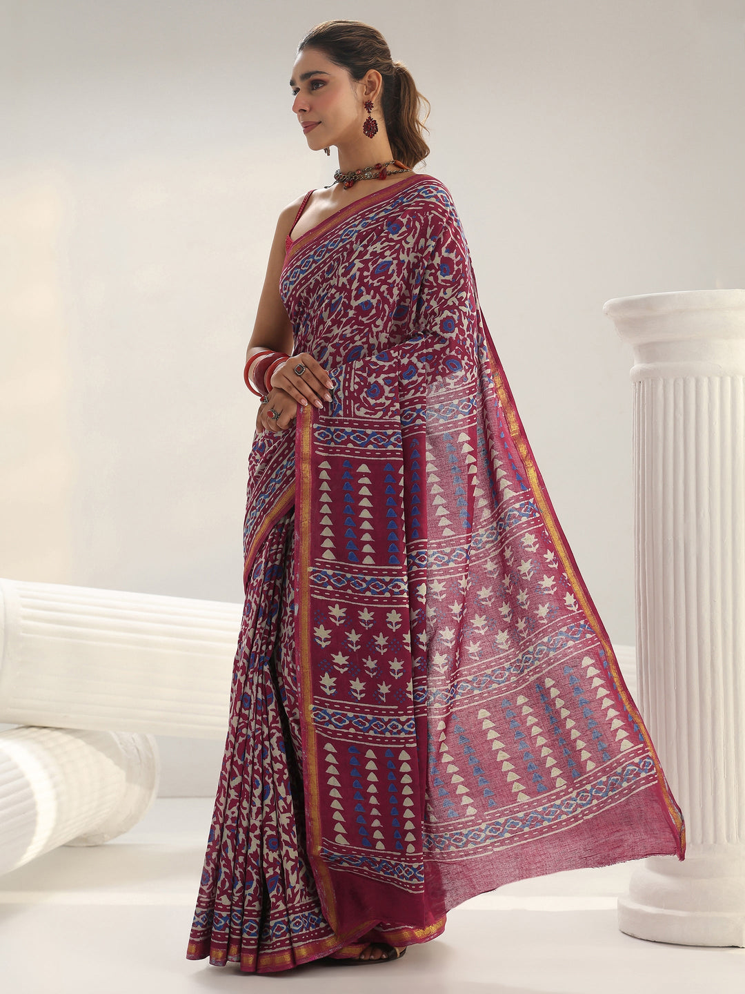 Pink Bagru Print Cotton Saree