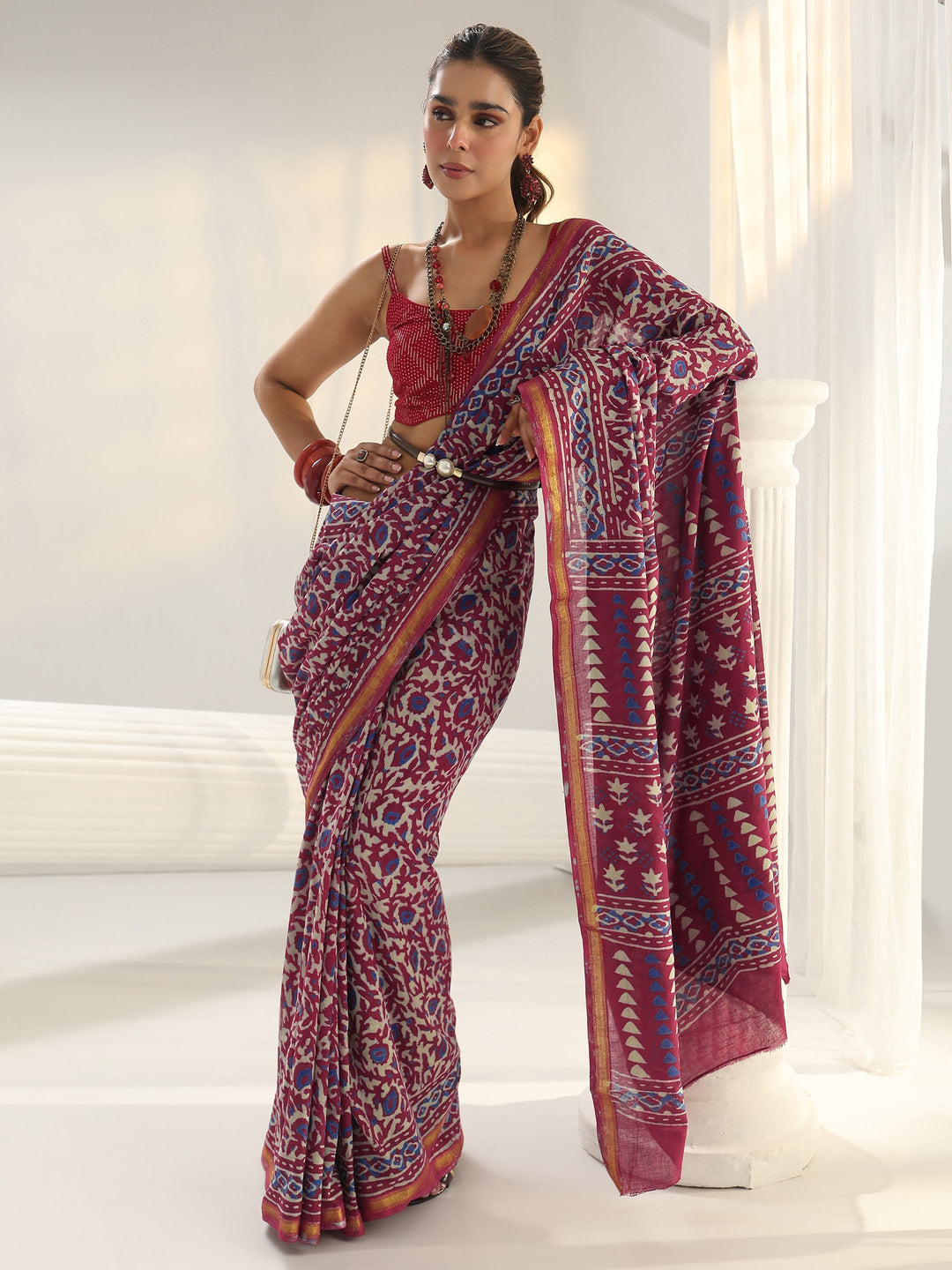 Pink Bagru Print Cotton Saree