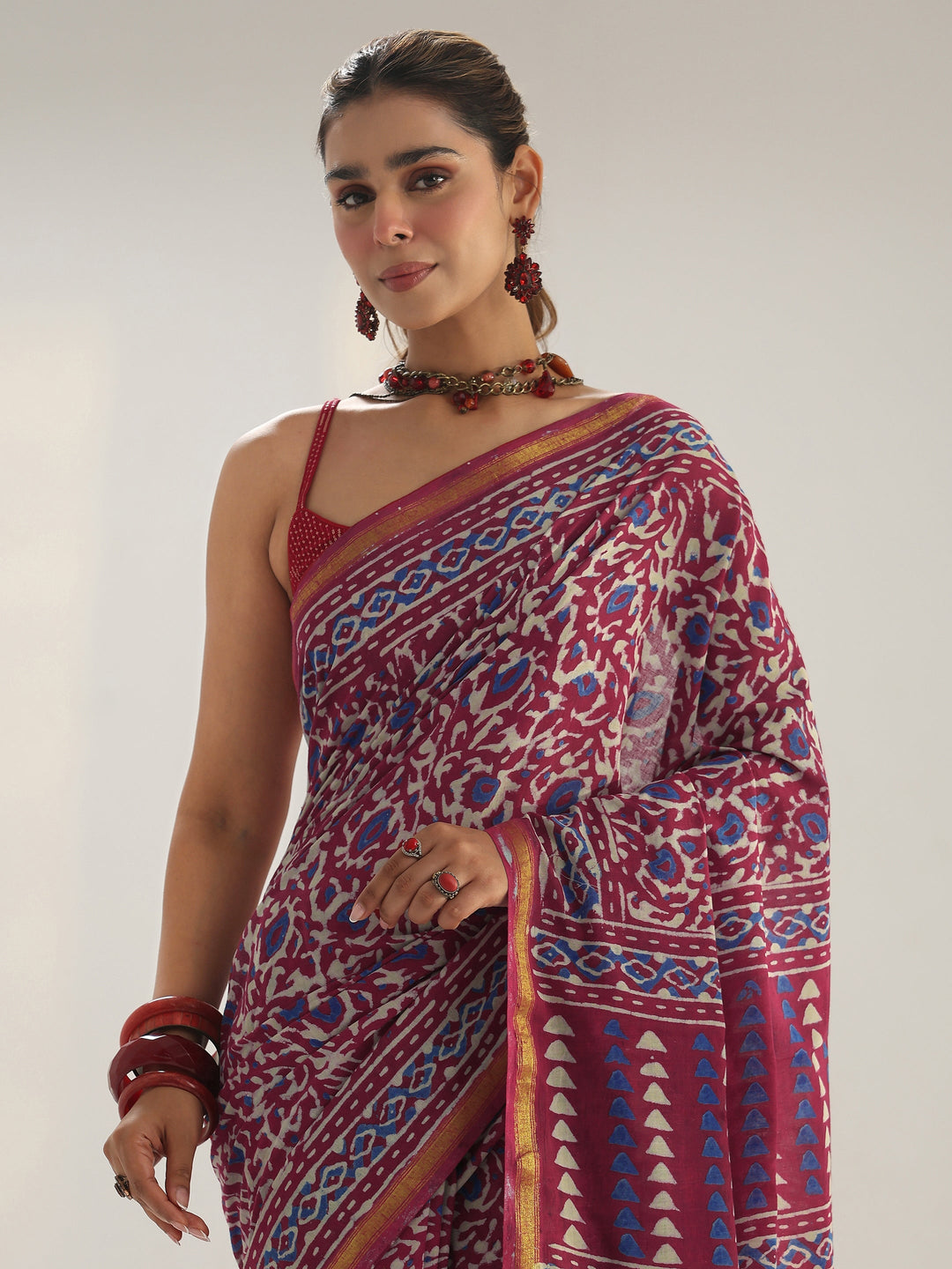 Pink Bagru Print Cotton Saree