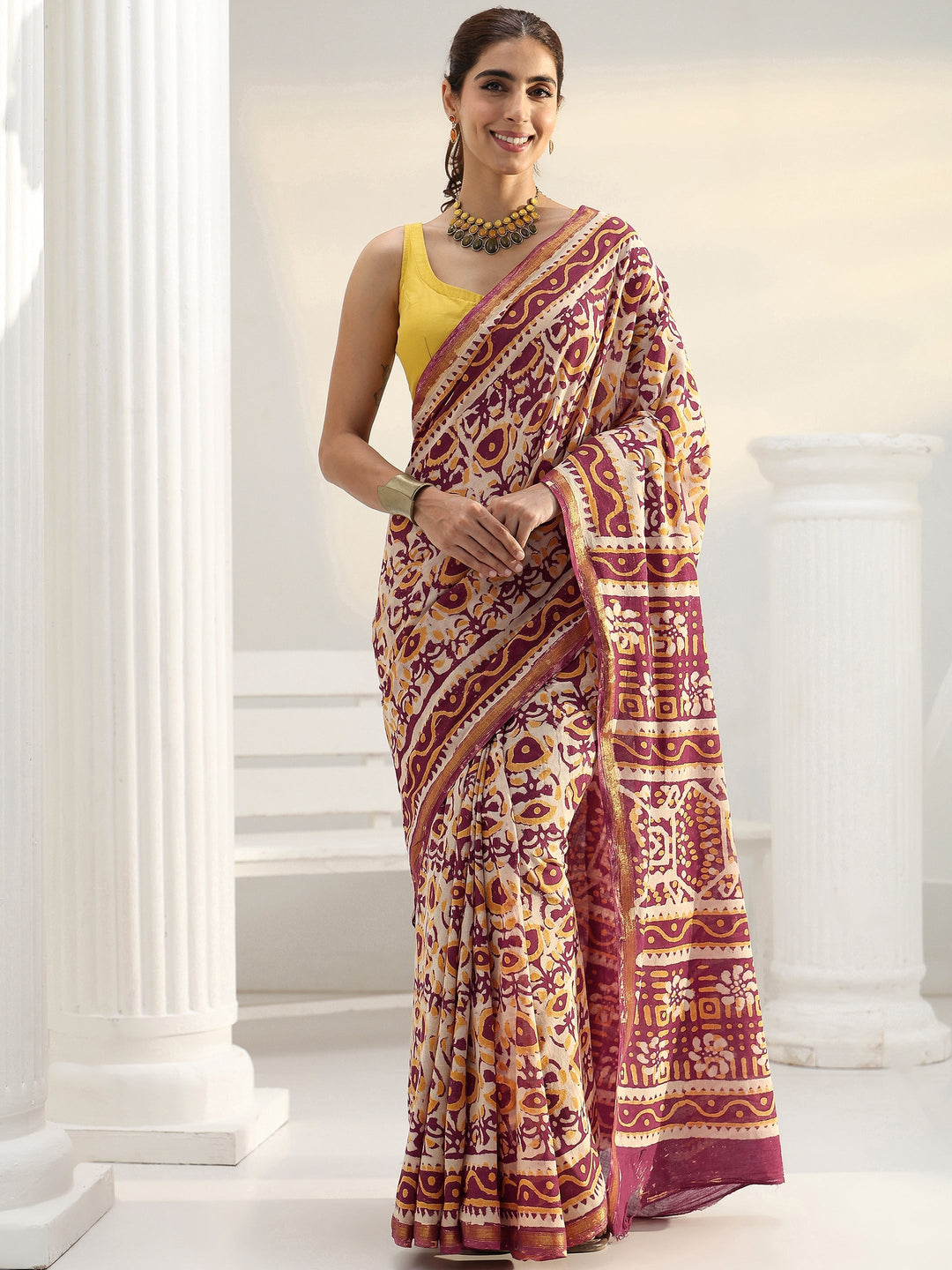 Beige Bagru Print Cotton Saree