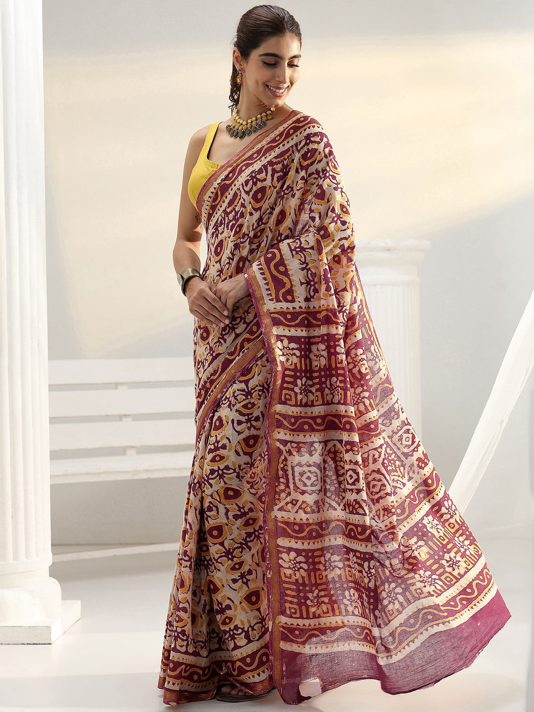 Beige Bagru Print Cotton Saree