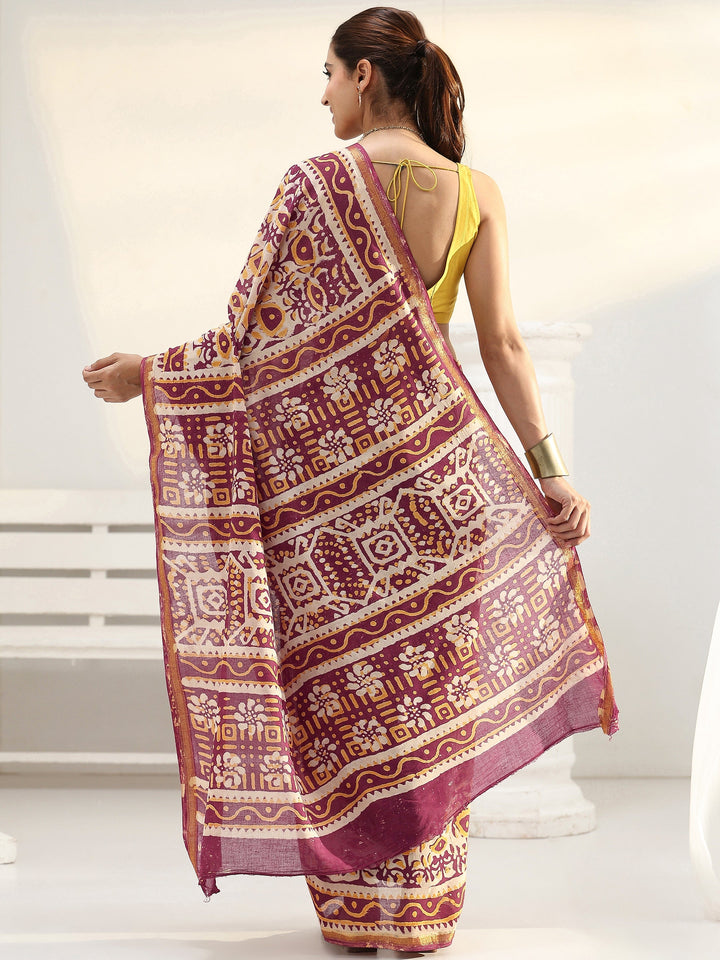 Beige Bagru Print Cotton Saree