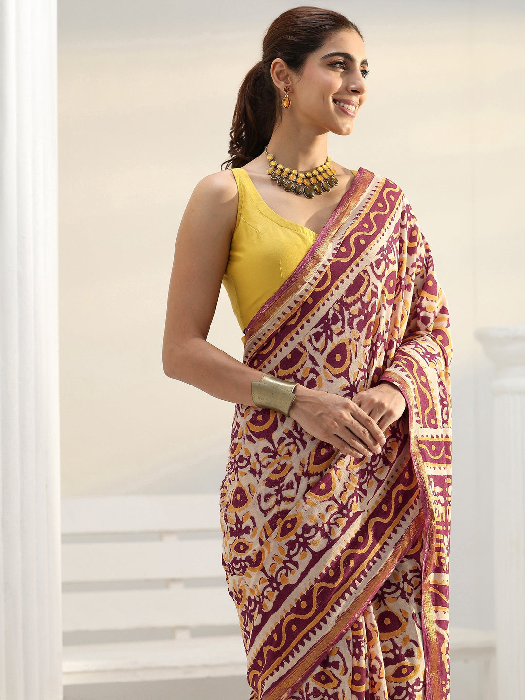Beige Bagru Print Cotton Saree