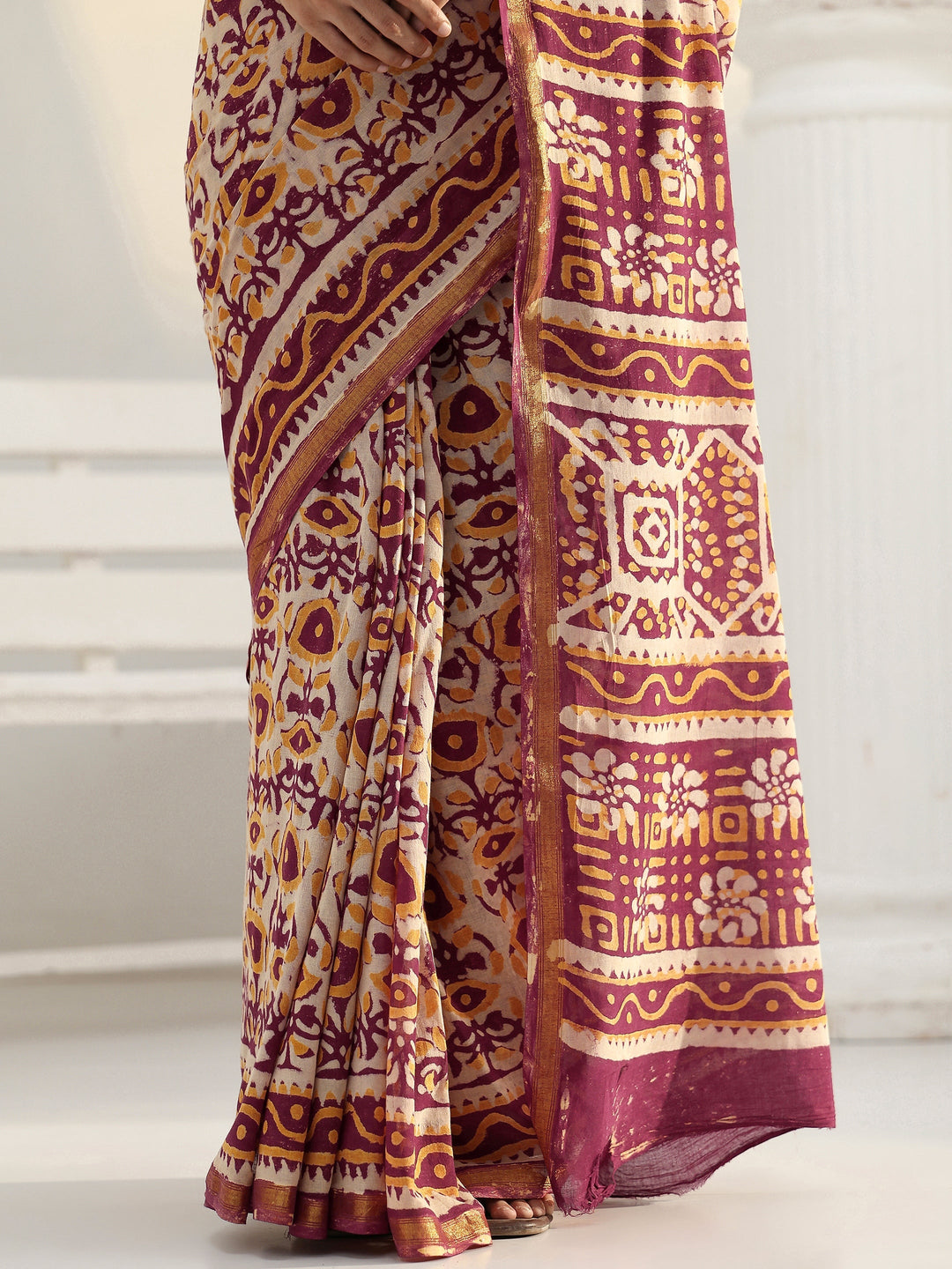 Beige Bagru Print Cotton Saree
