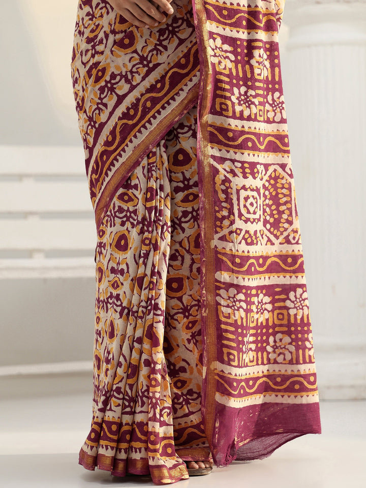 Beige Bagru Print Cotton Saree
