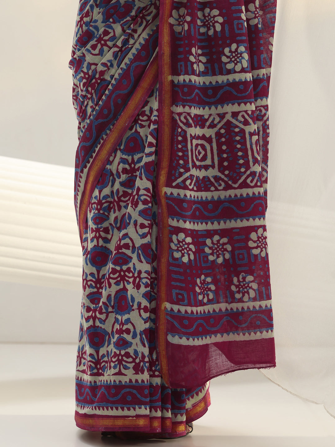 Pink Bagru Print Cotton Saree