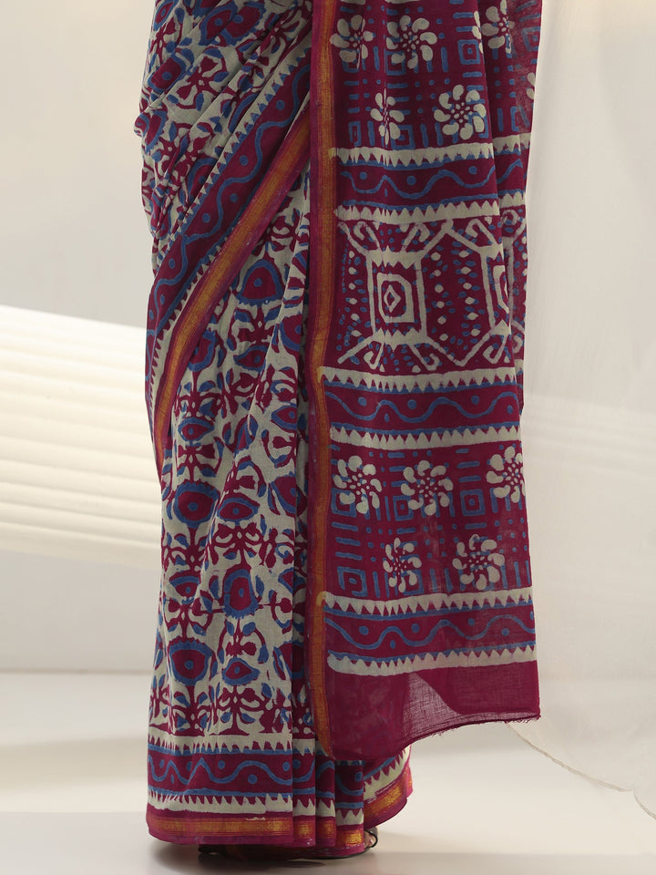 Pink Bagru Print Cotton Saree