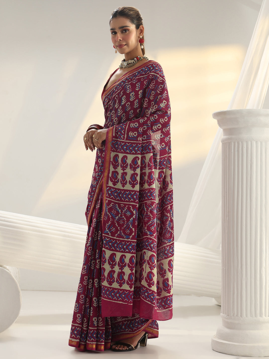 Pink Dabu Print Cotton Saree