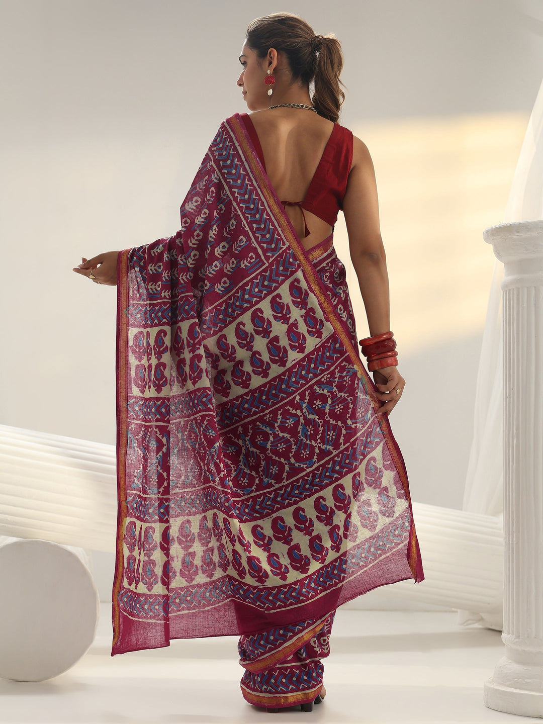 Pink Dabu Print Cotton Saree