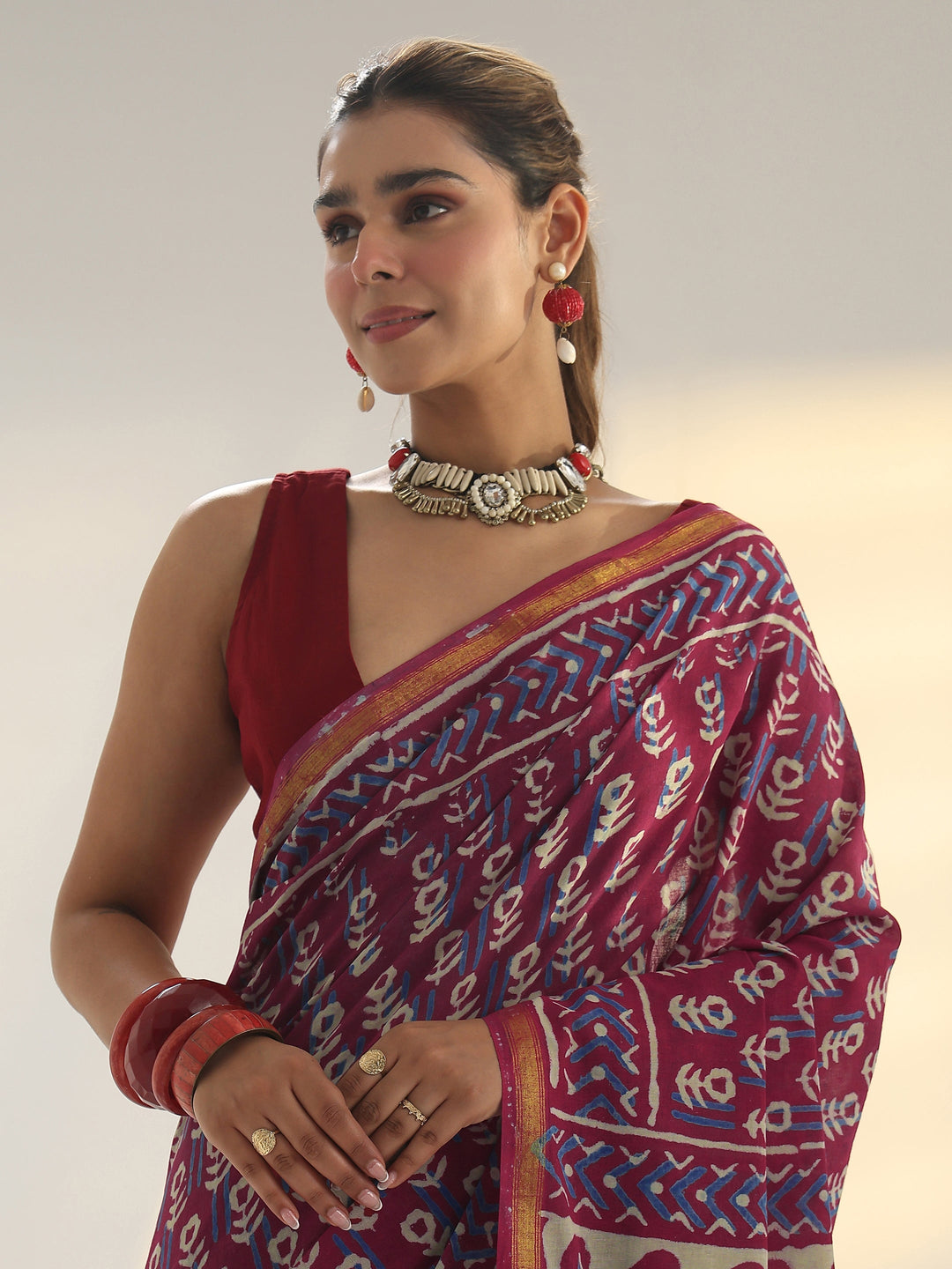 Pink Dabu Print Cotton Saree