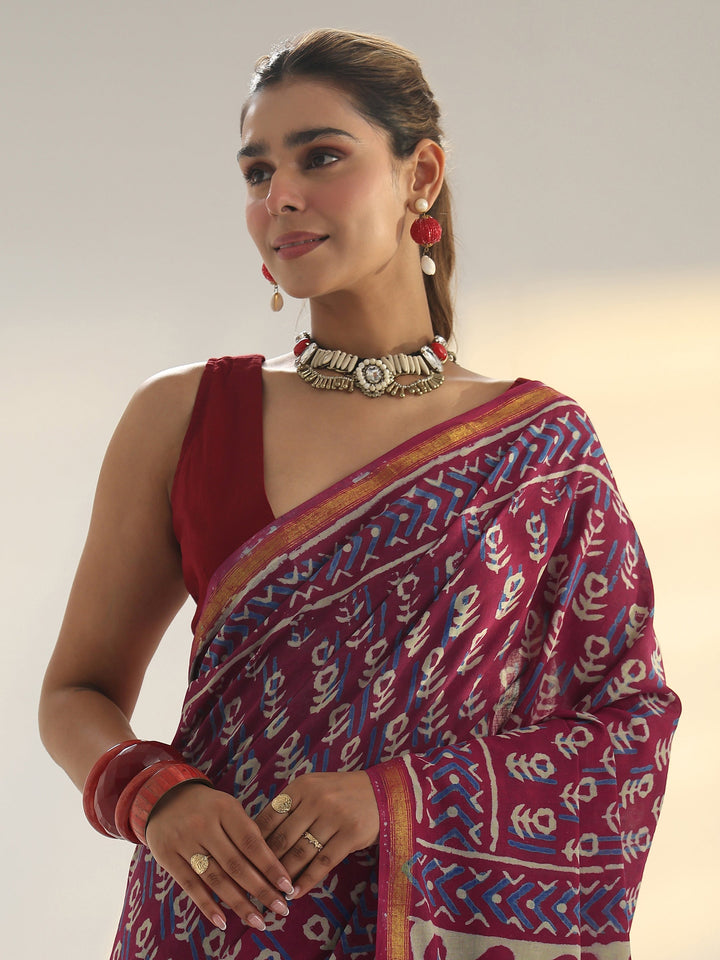 Pink Dabu Print Cotton Saree