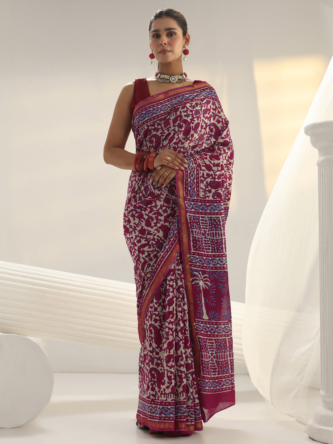 Pink Dabu Print Cotton Saree