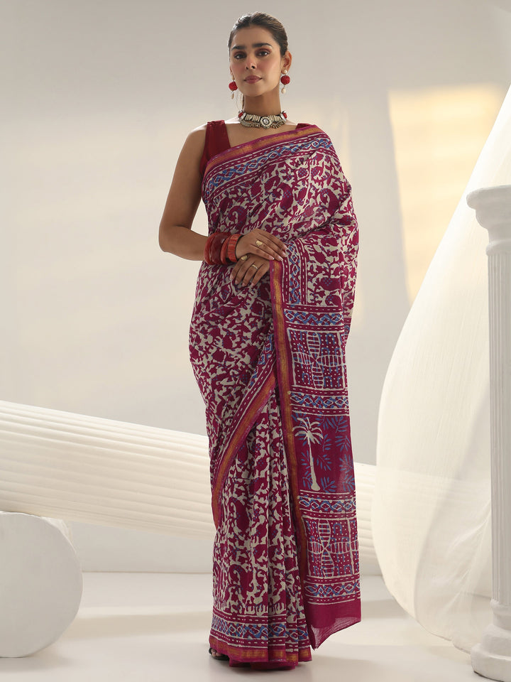 Pink Dabu Print Cotton Saree