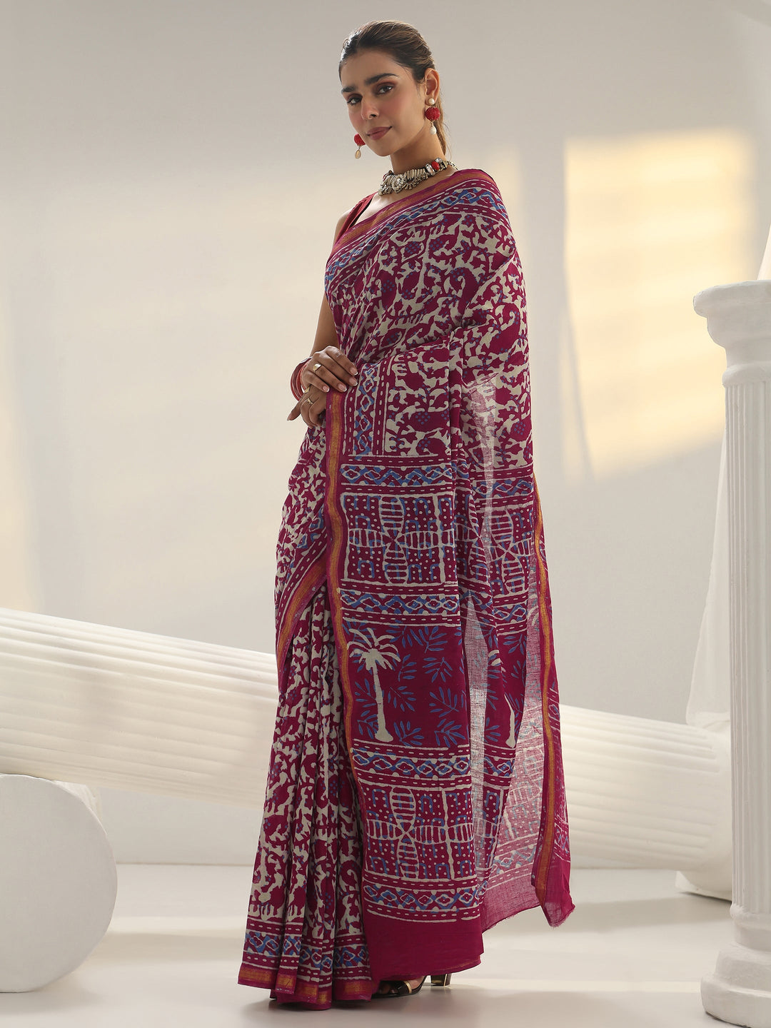 Pink Dabu Print Cotton Saree