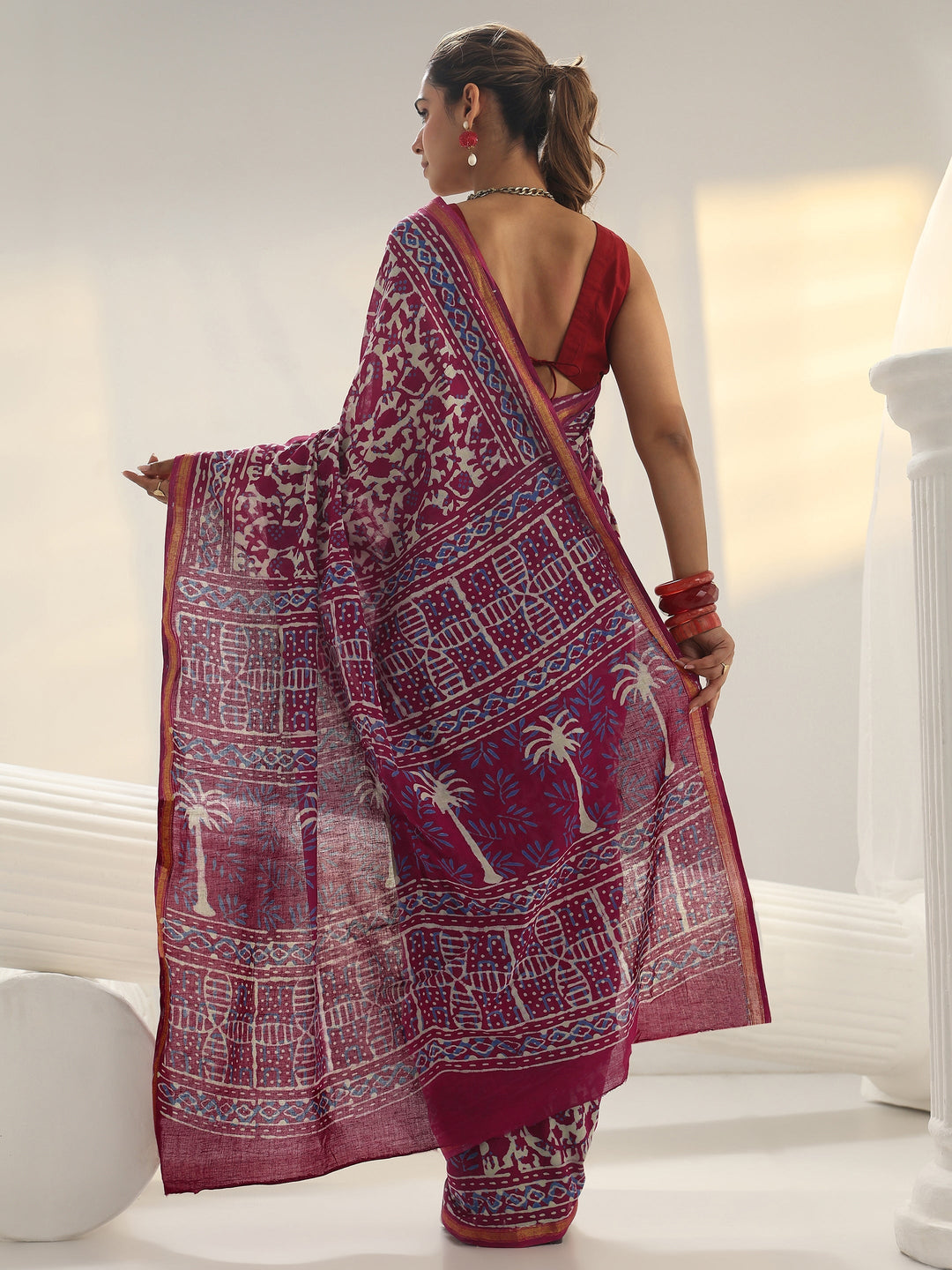 Pink Dabu Print Cotton Saree