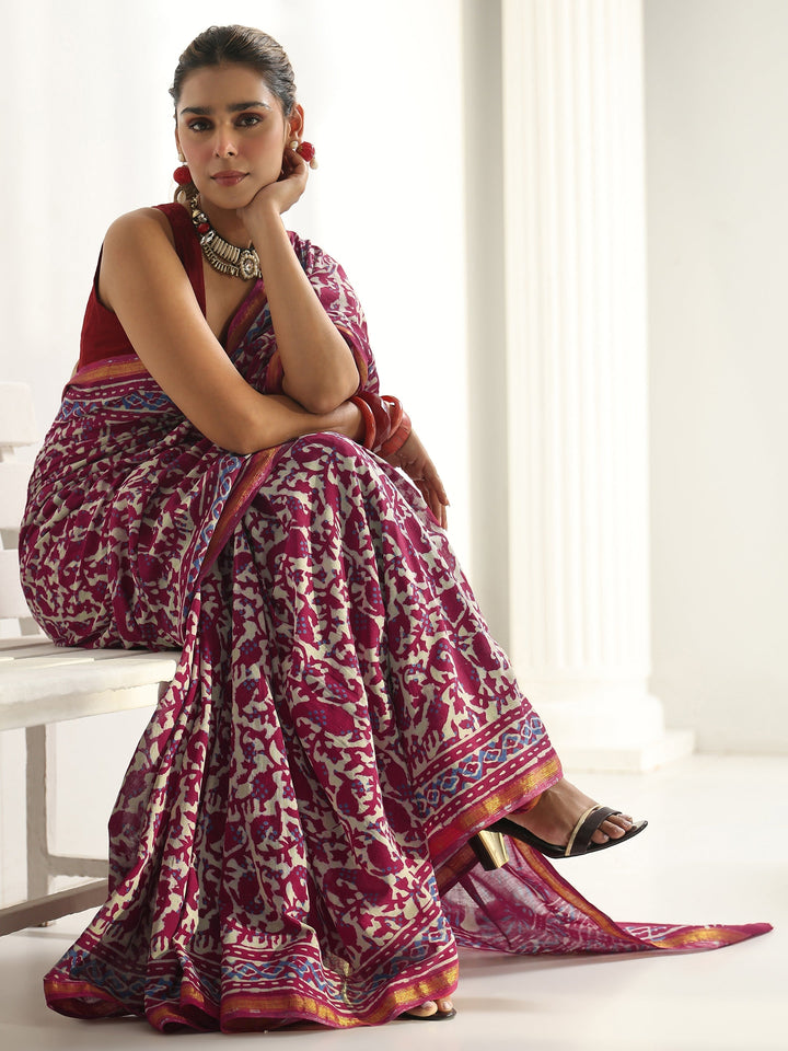 Pink Dabu Print Cotton Saree