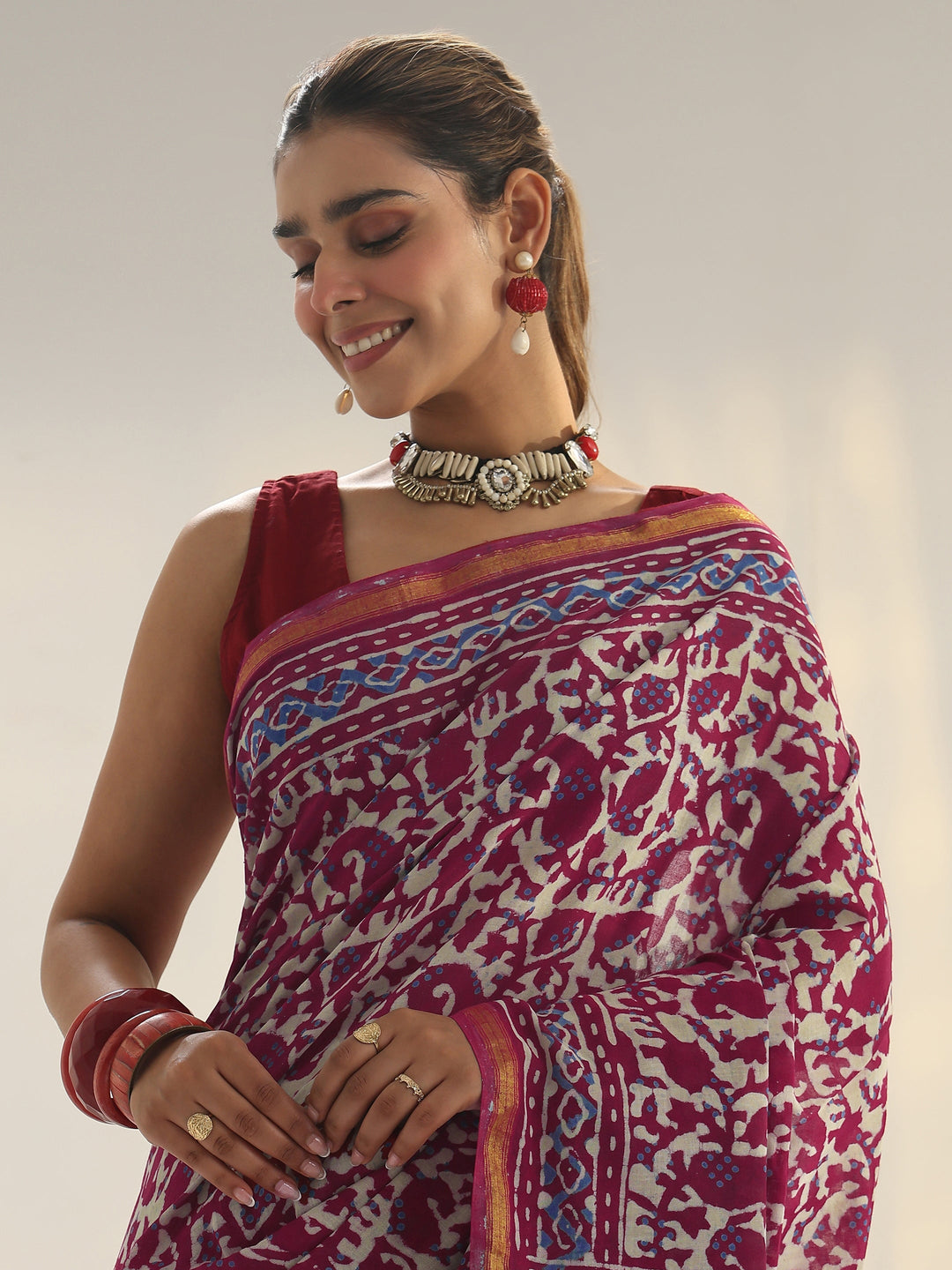 Pink Dabu Print Cotton Saree