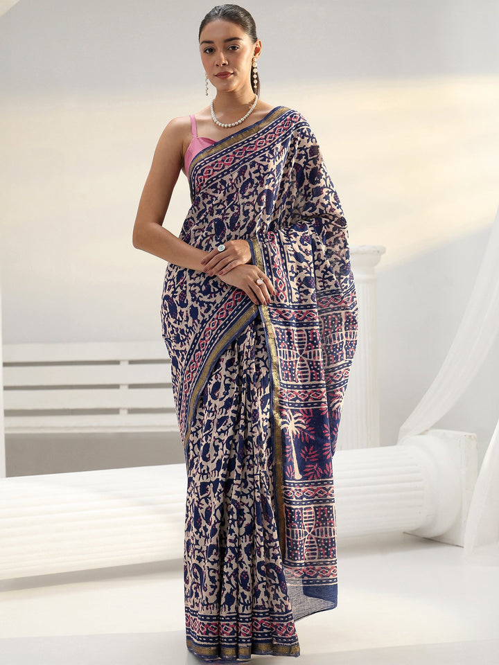 Blue Paisley Printed Cotton saree