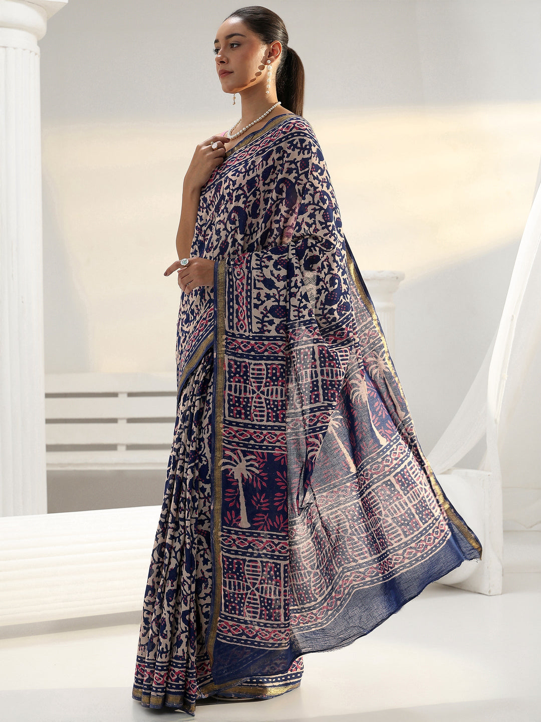 Blue Paisley Printed Cotton saree