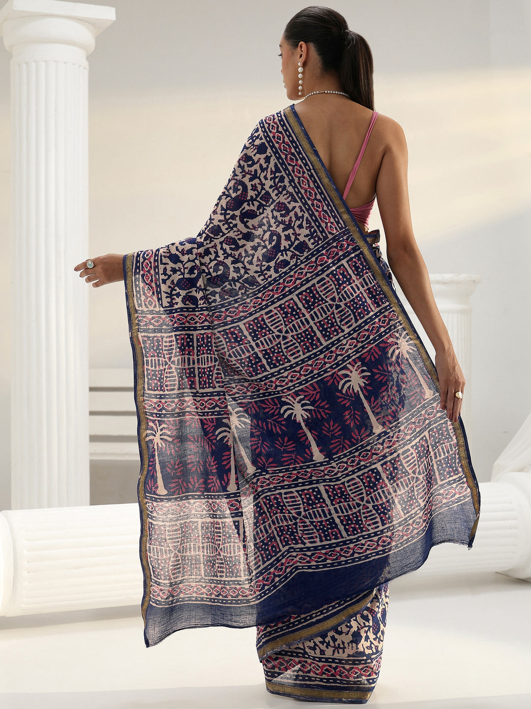 Blue Paisley Printed Cotton saree