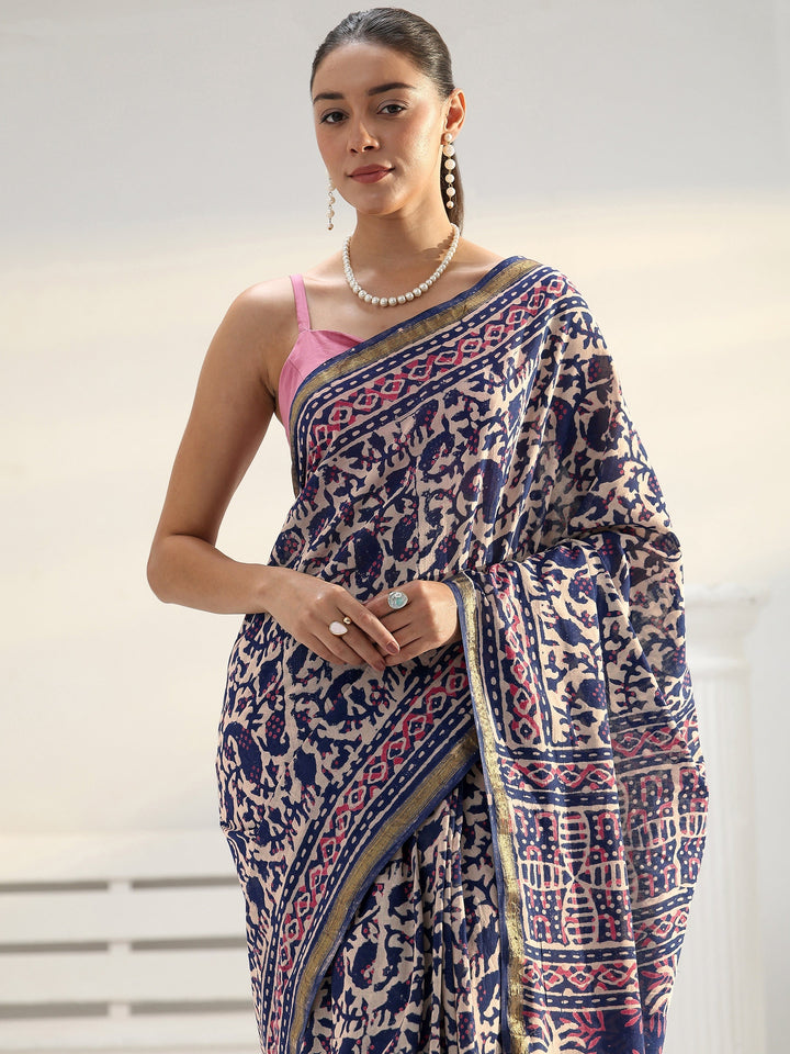 Blue Paisley Printed Cotton saree