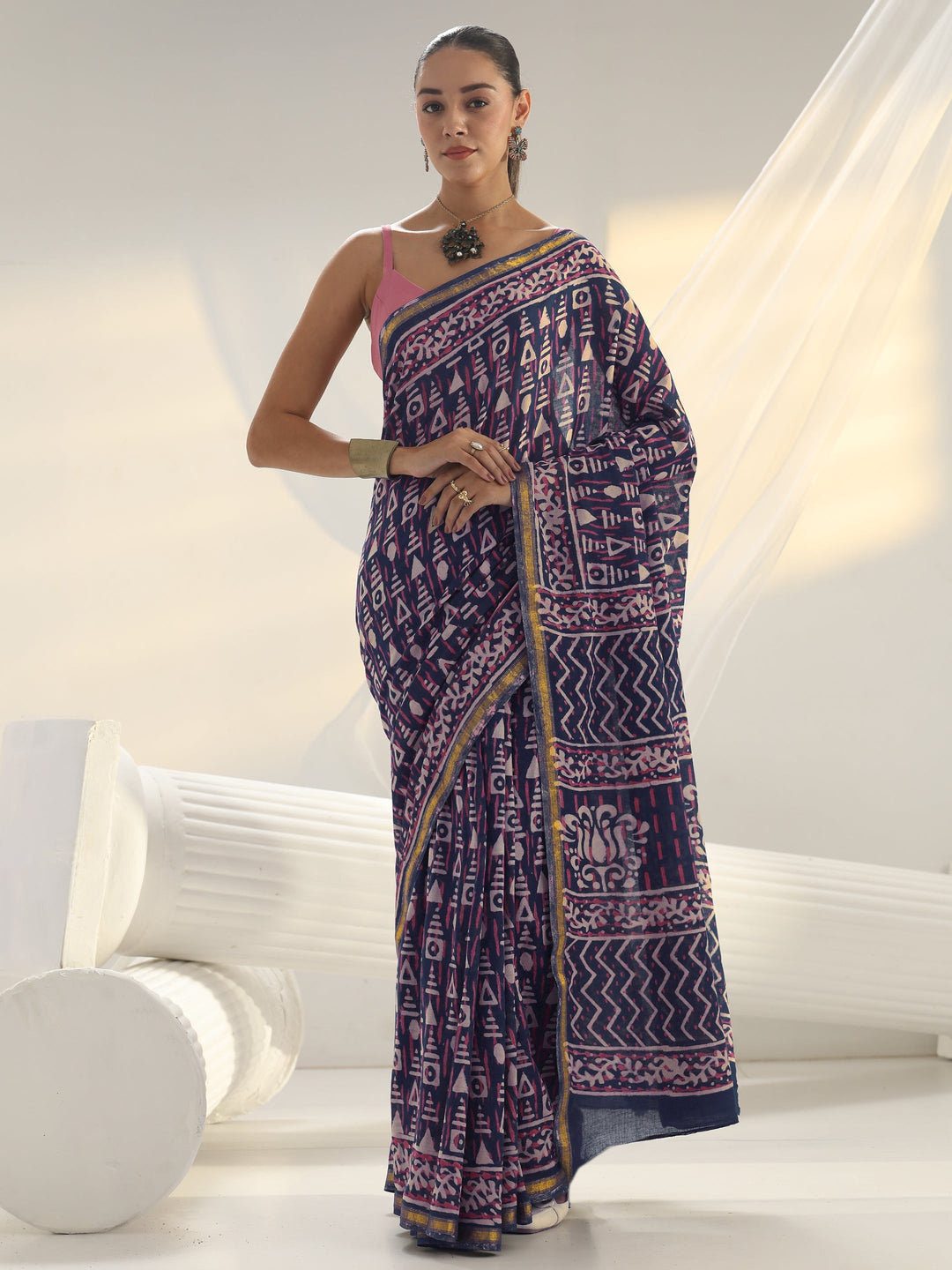 Blue Geometric Printed Cotton Saree