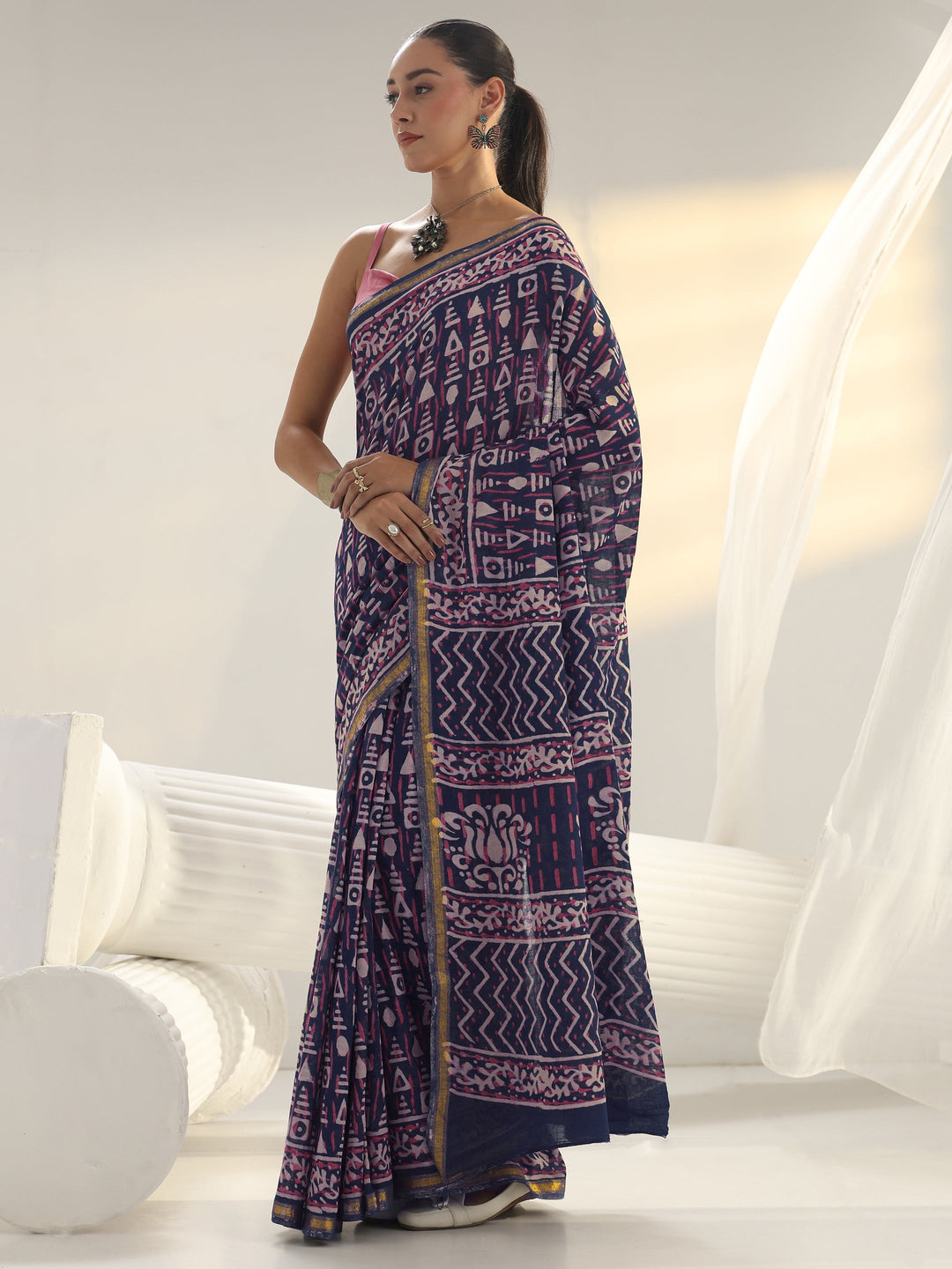 Blue Geometric Printed Cotton Saree