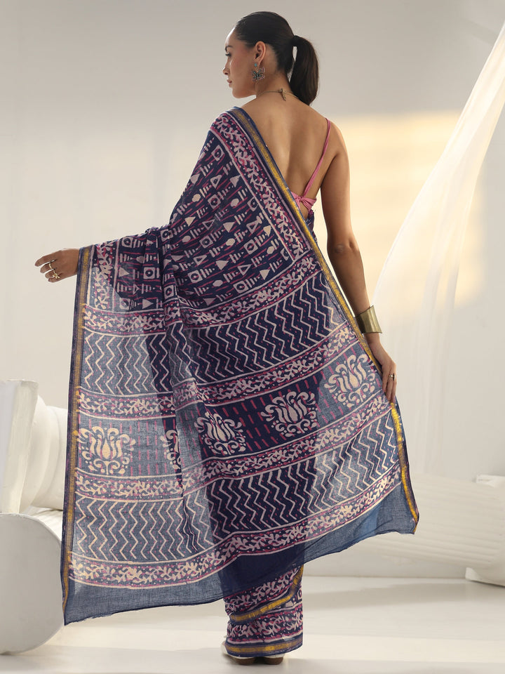 Blue Geometric Printed Cotton Saree