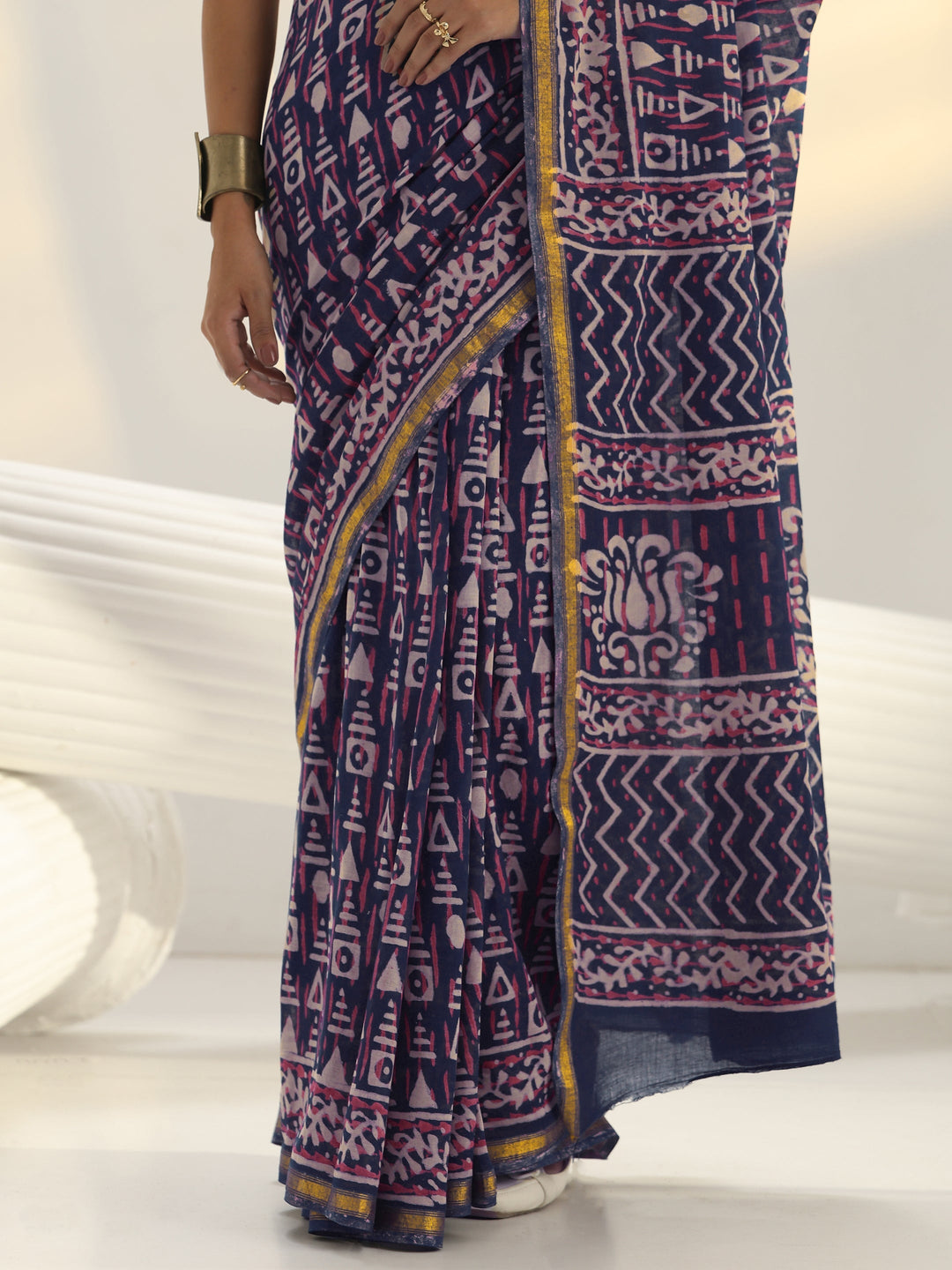 Blue Geometric Printed Cotton Saree