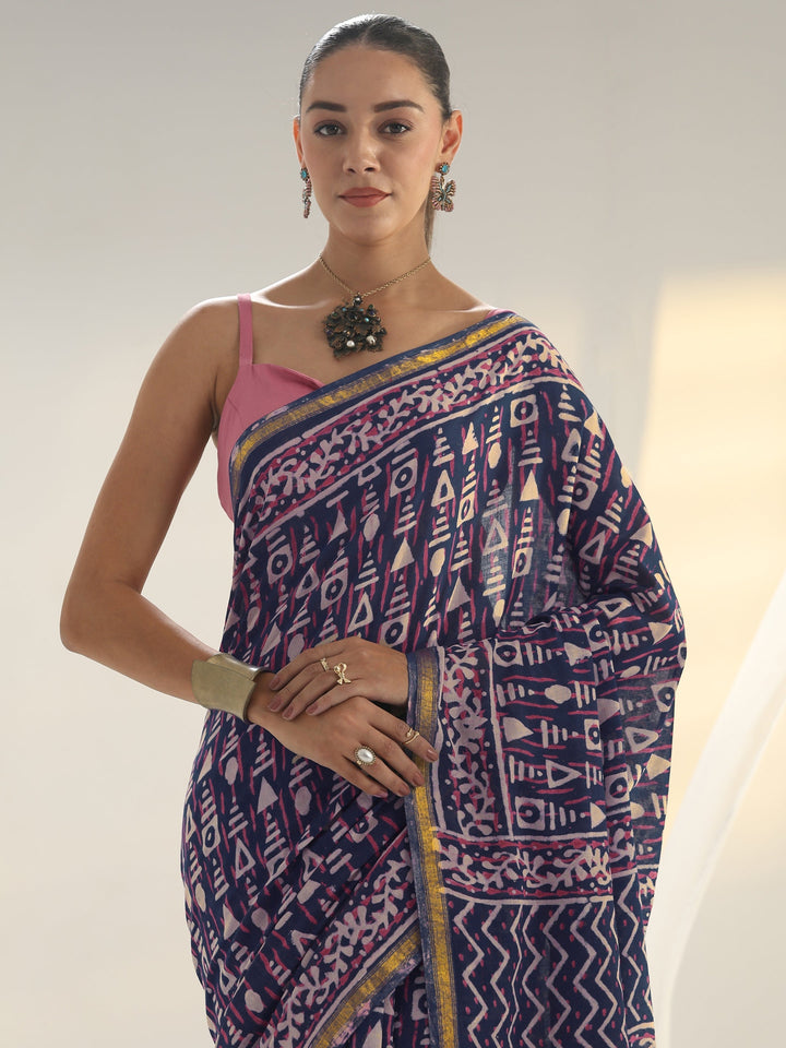Blue Geometric Printed Cotton Saree