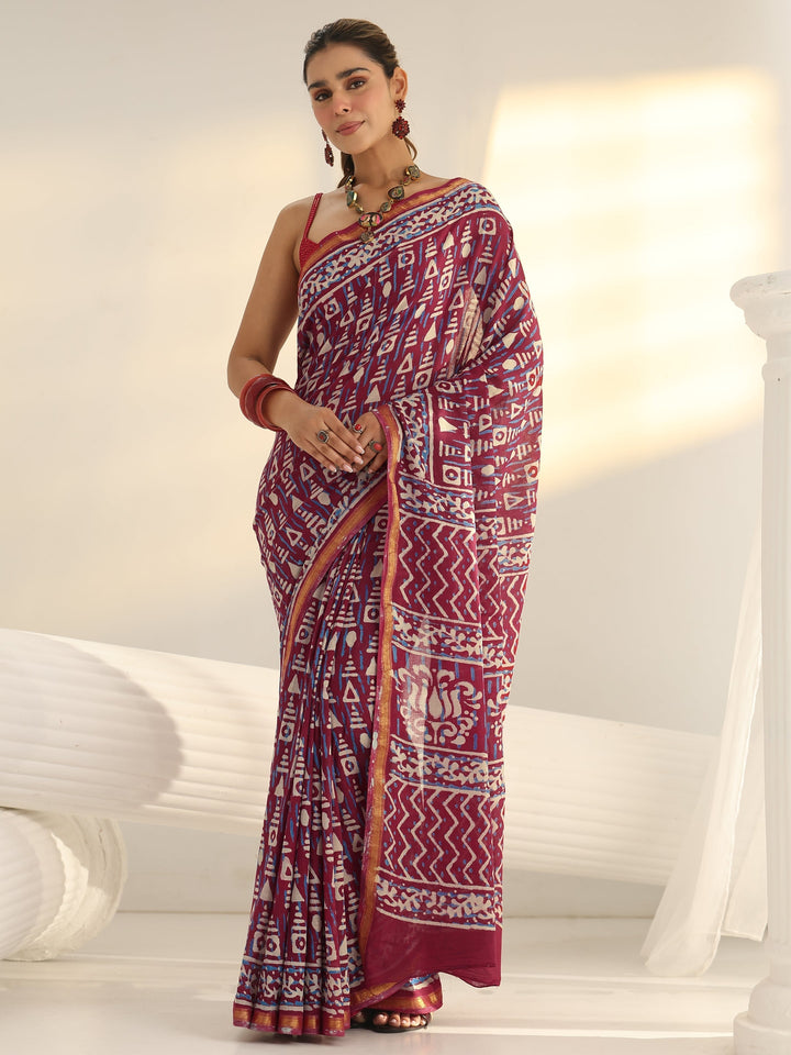 Raspberry Pink Geometric Printed Cotton Saree