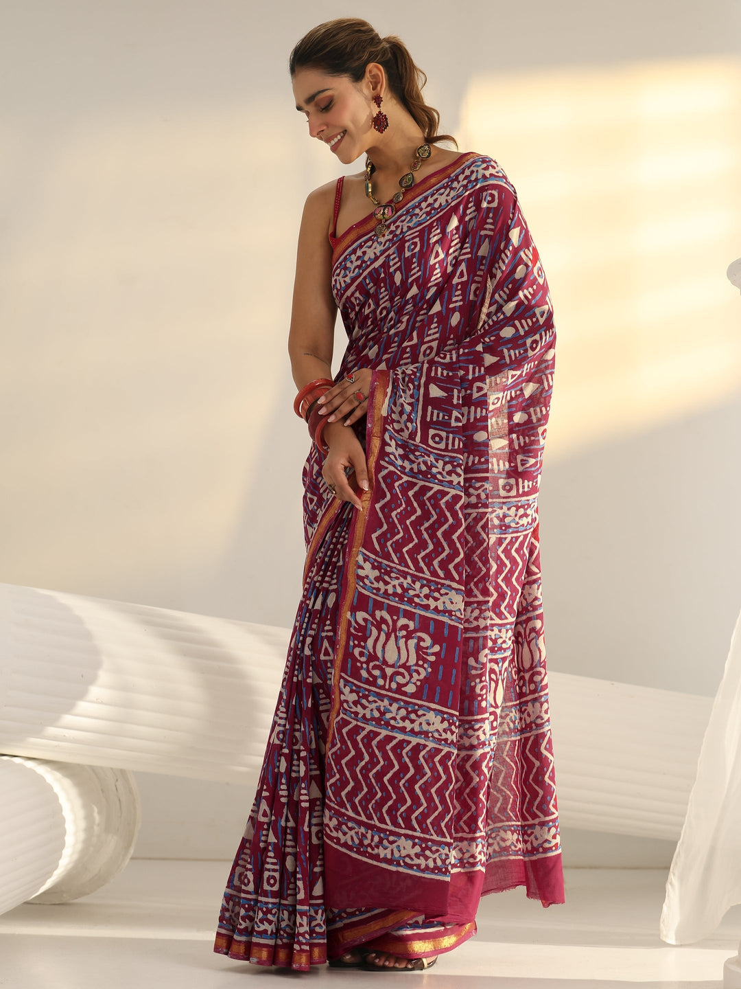 Raspberry Pink Geometric Printed Cotton Saree