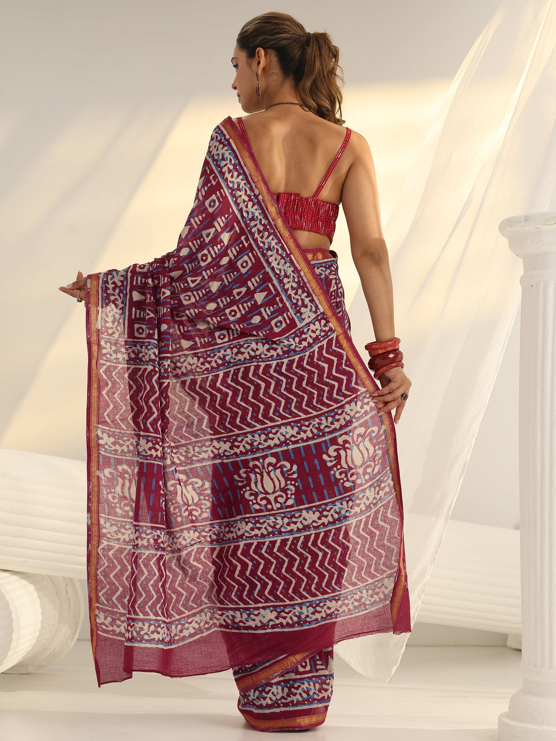 Raspberry Pink Geometric Printed Cotton Saree