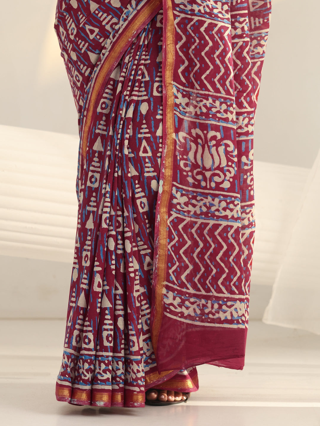 Raspberry Pink Geometric Printed Cotton Saree