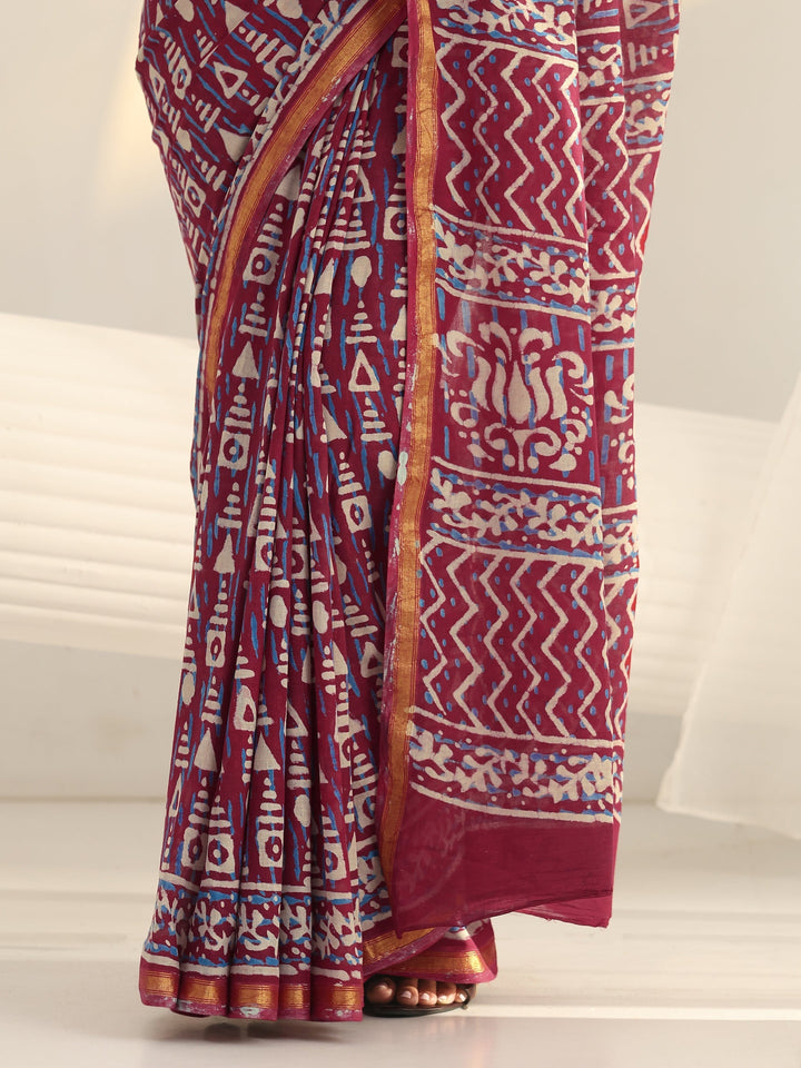 Raspberry Pink Geometric Printed Cotton Saree