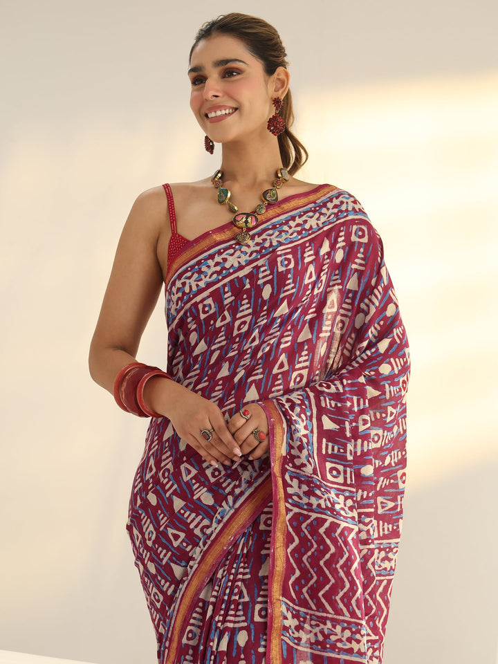 Raspberry Pink Geometric Printed Cotton Saree