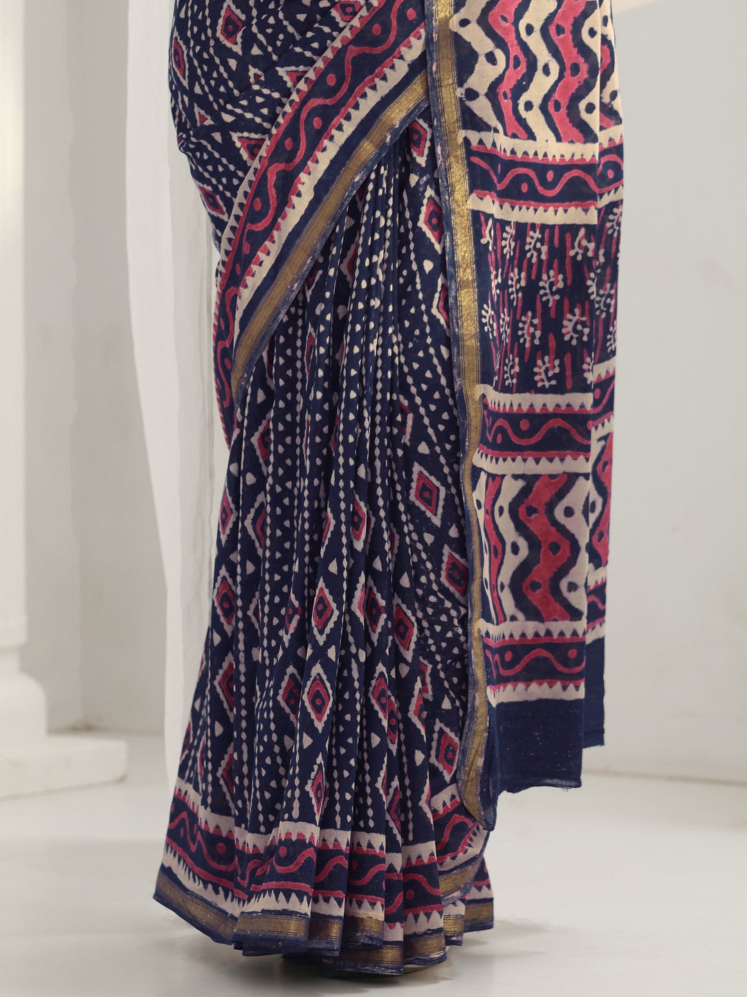 Navy Blue Dabu Print Cotton Saree