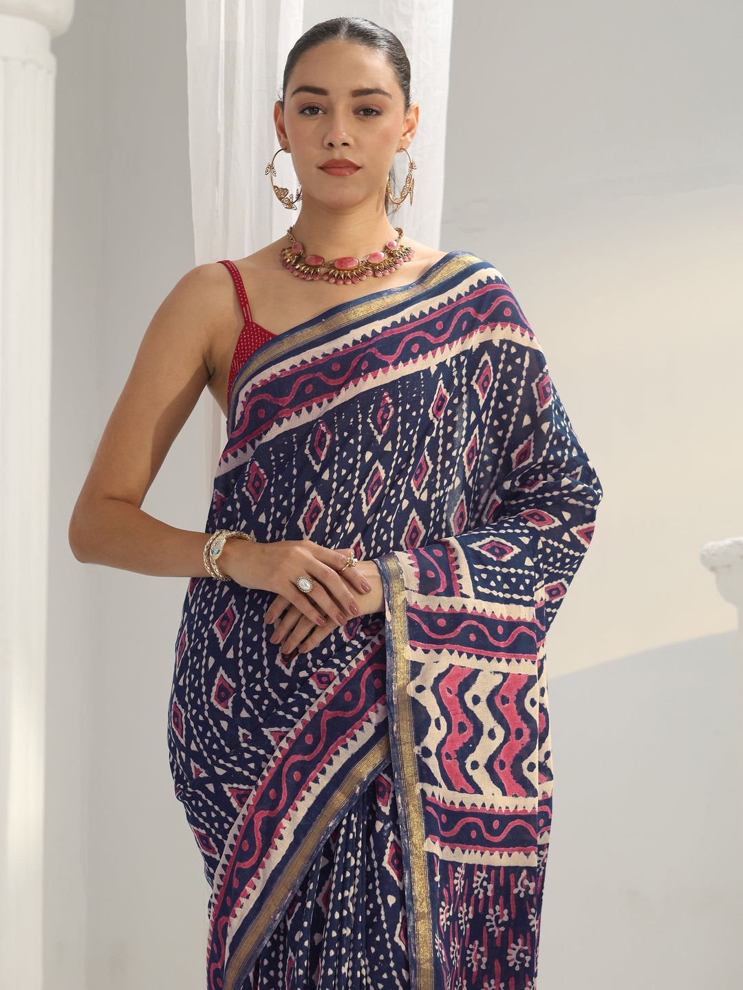 Navy Blue Dabu Print Cotton Saree