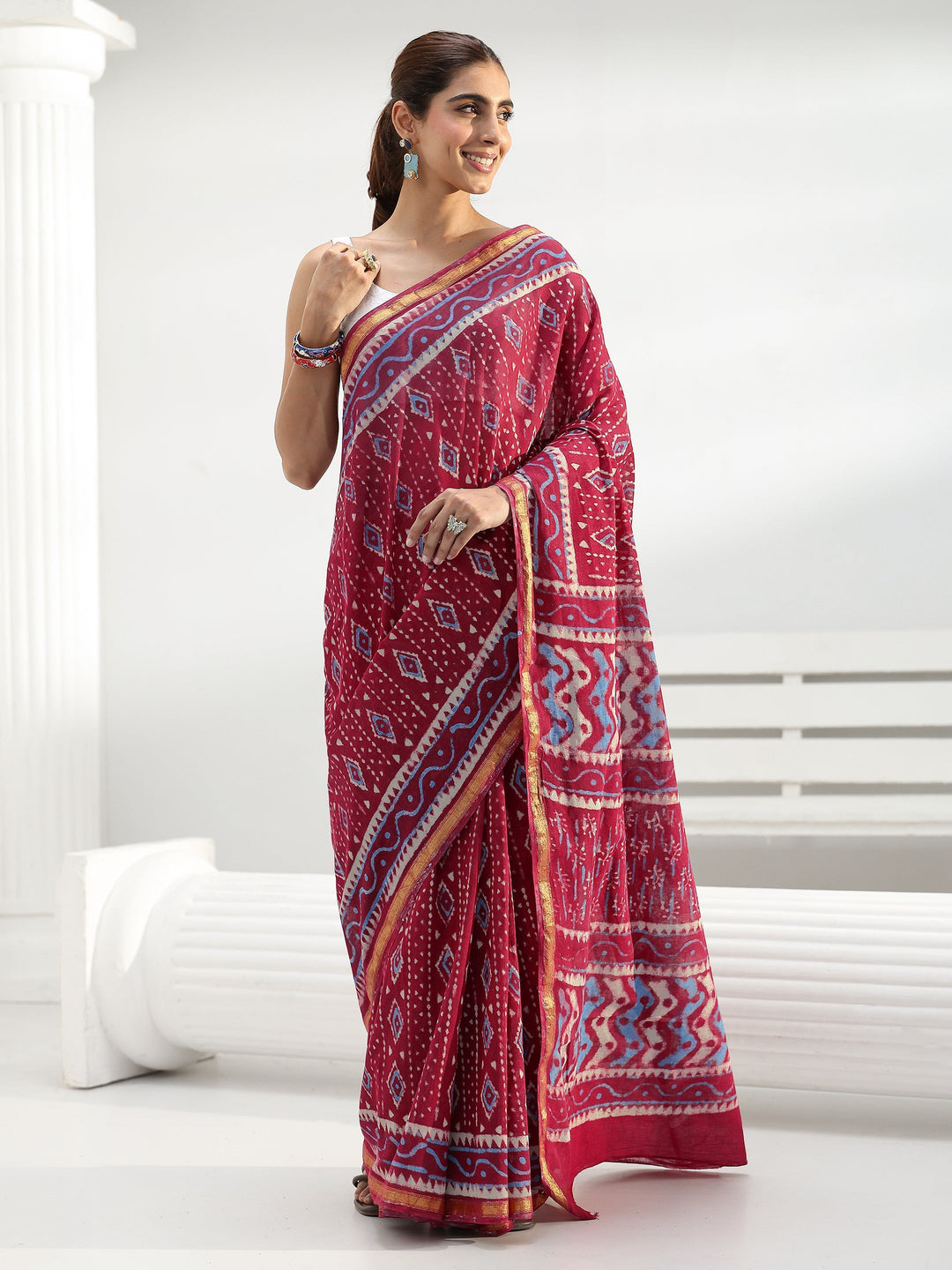 Red Geometric Batik Print Cotton Saree
