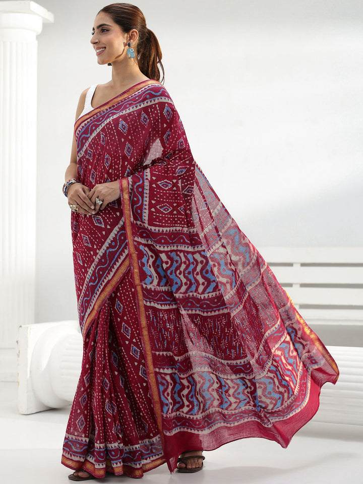 Red Geometric Batik Print Cotton Saree