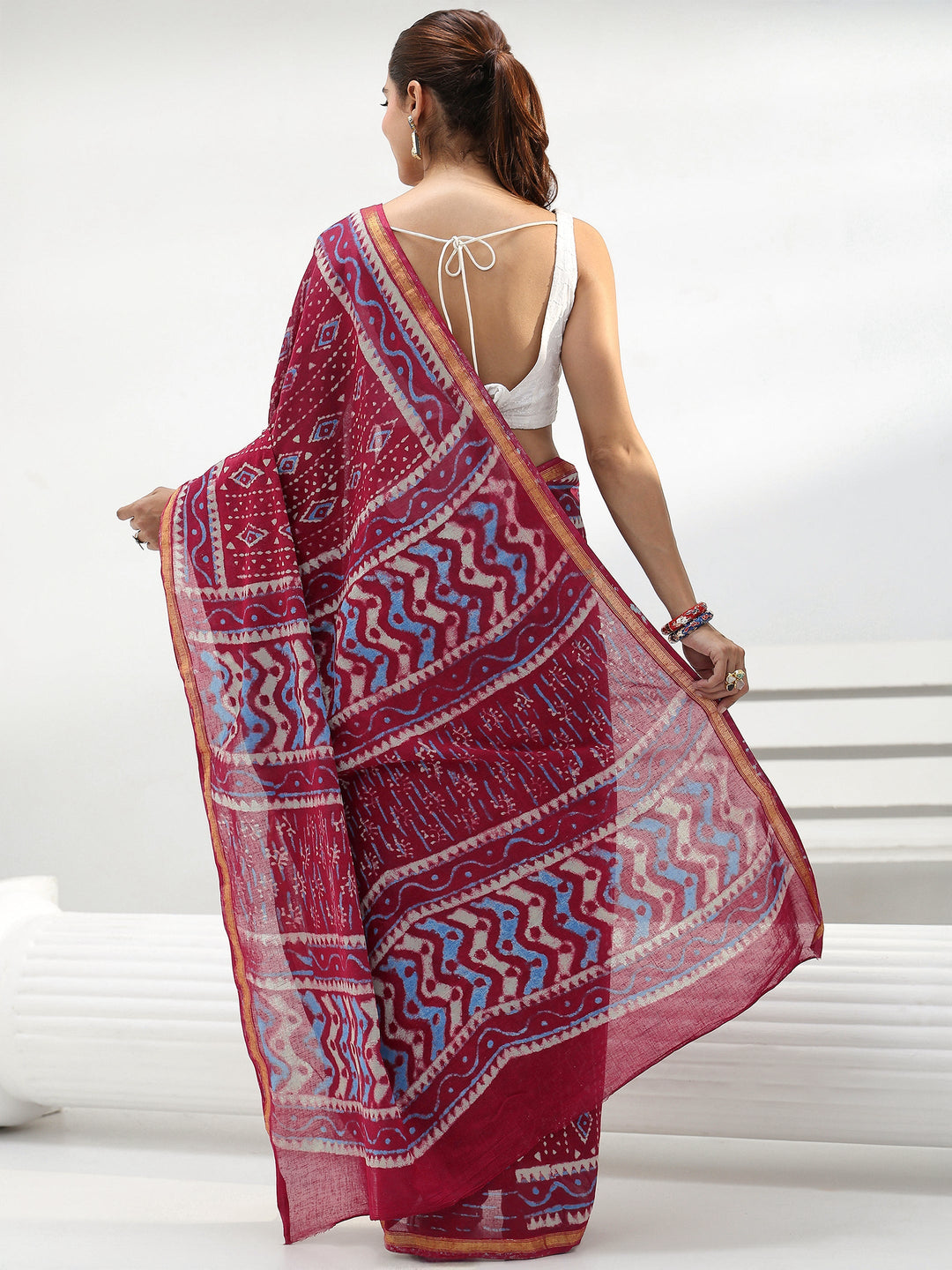 Red Geometric Batik Print Cotton Saree