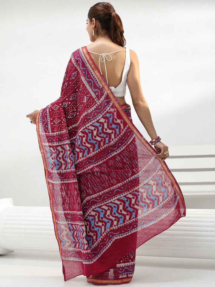 Red Geometric Batik Print Cotton Saree