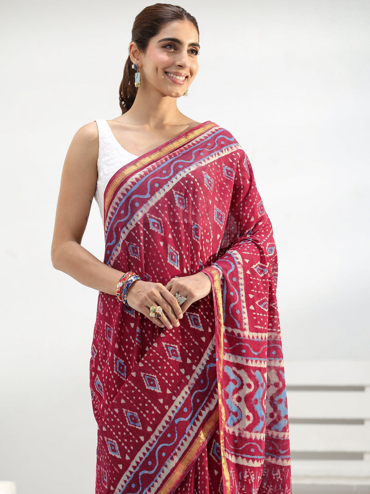 Red Geometric Batik Print Cotton Saree