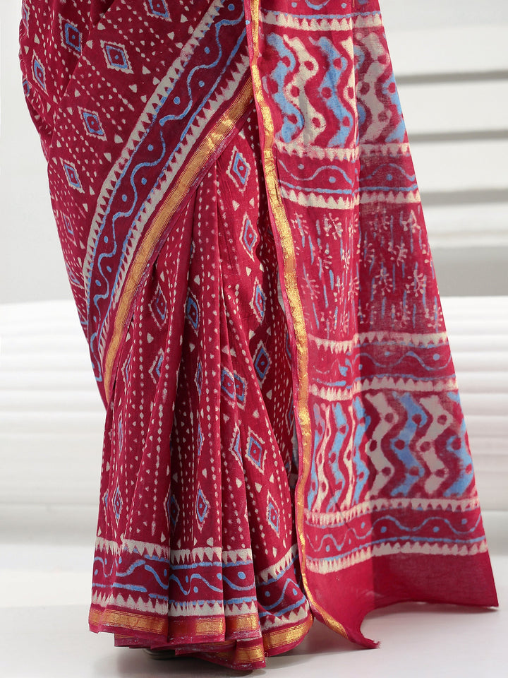Red Geometric Batik Print Cotton Saree