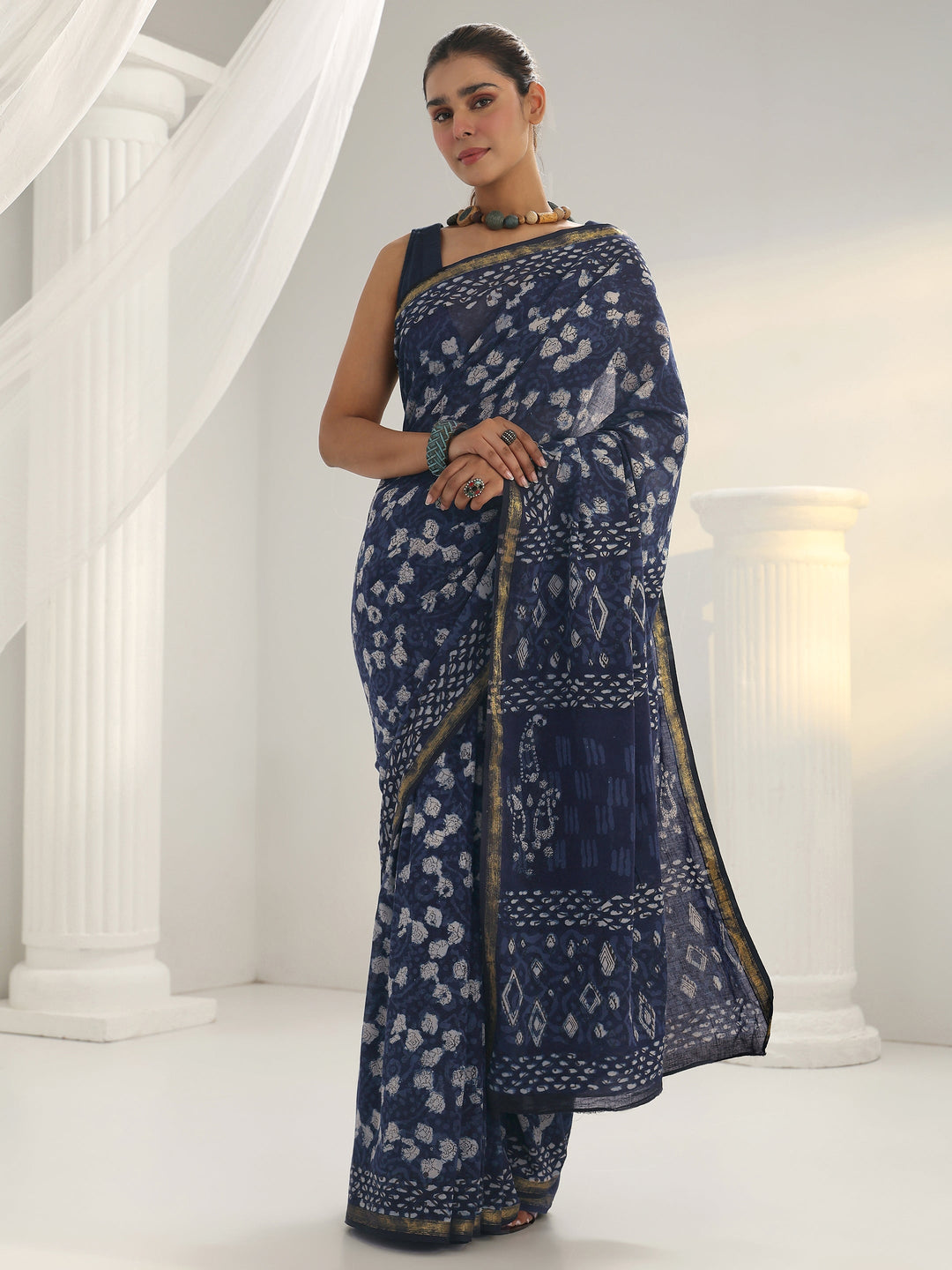 Indigo Dabu Print Cotton Saree