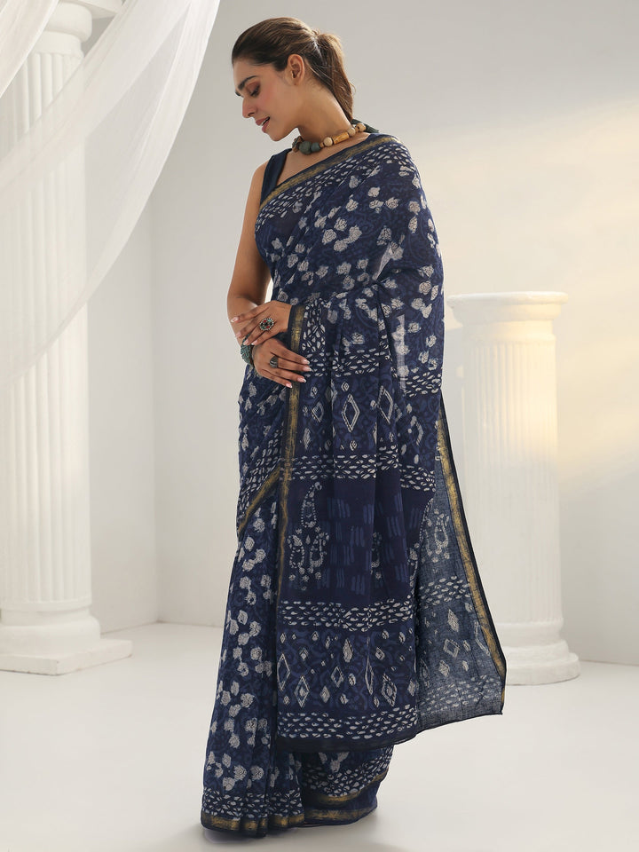 Indigo Dabu Print Cotton Saree