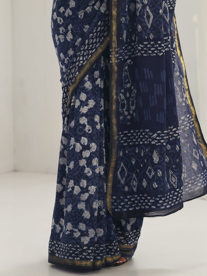 Indigo Dabu Print Cotton Saree