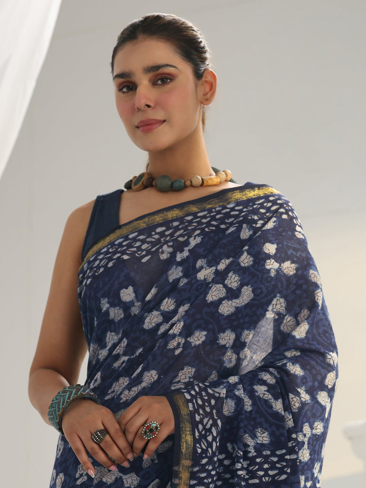 Indigo Dabu Print Cotton Saree